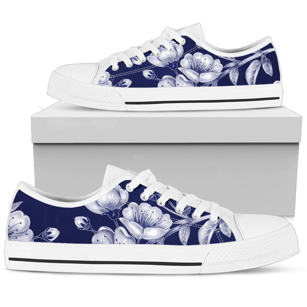 Cherry Blossom Pattern Print Design CB01 White Bottom Low Top Shoes