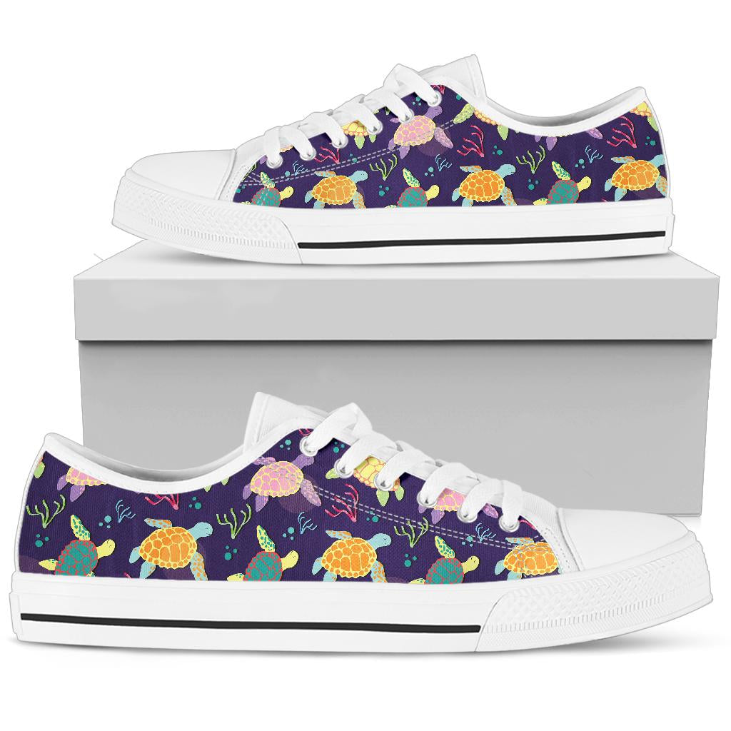 Sea Turtle Color Smile White Bottom Low Top Shoes