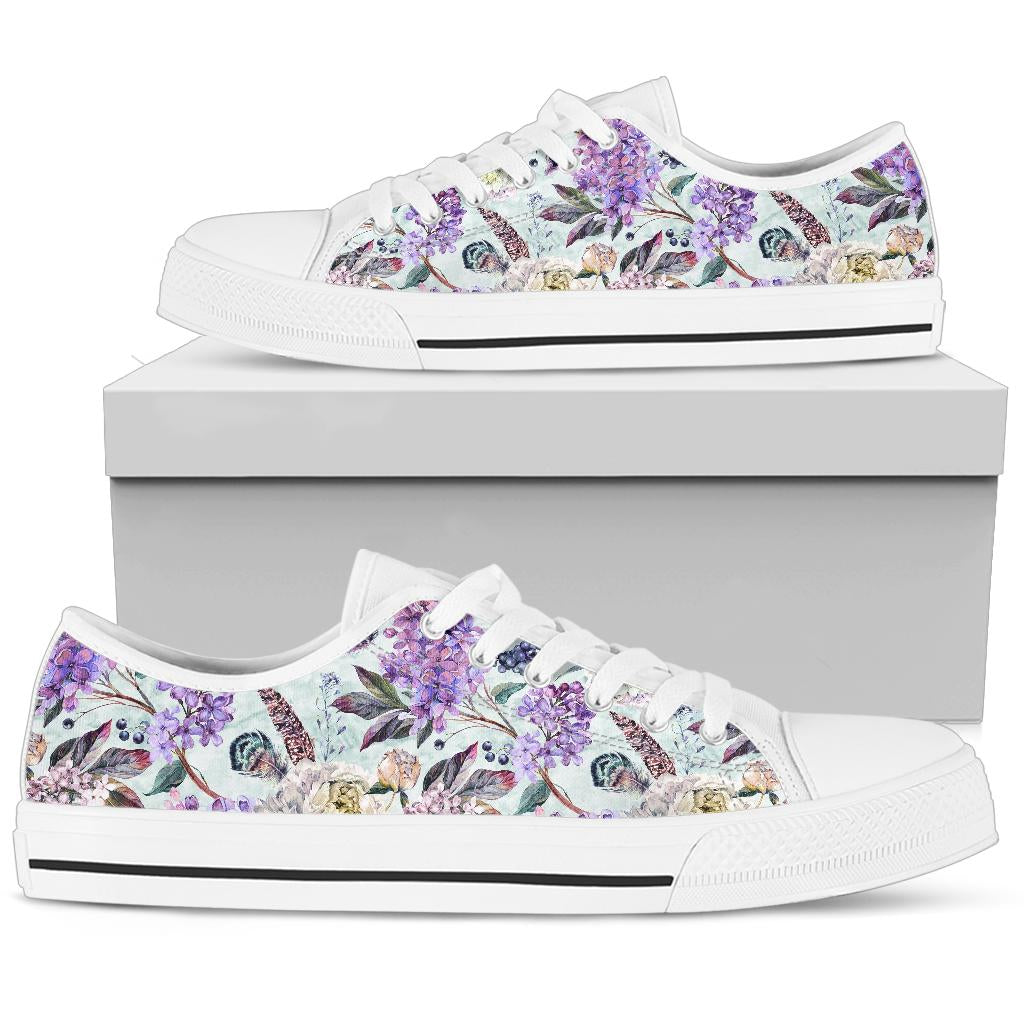 Lilac Pattern Print Design LI06 White Bottom Low Top Shoes