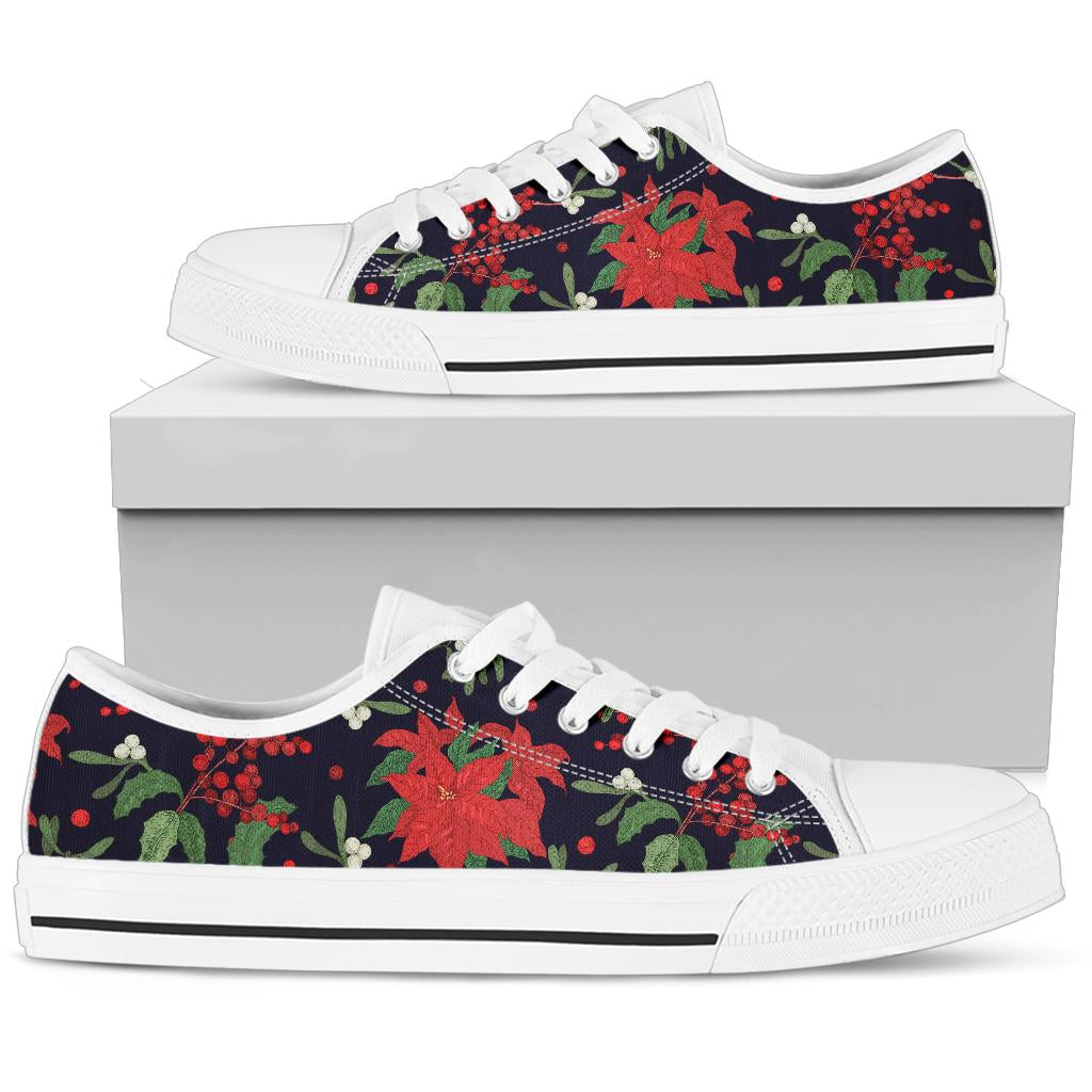 Poinsettia Pattern Print Design POT02 White Bottom Low Top Shoes