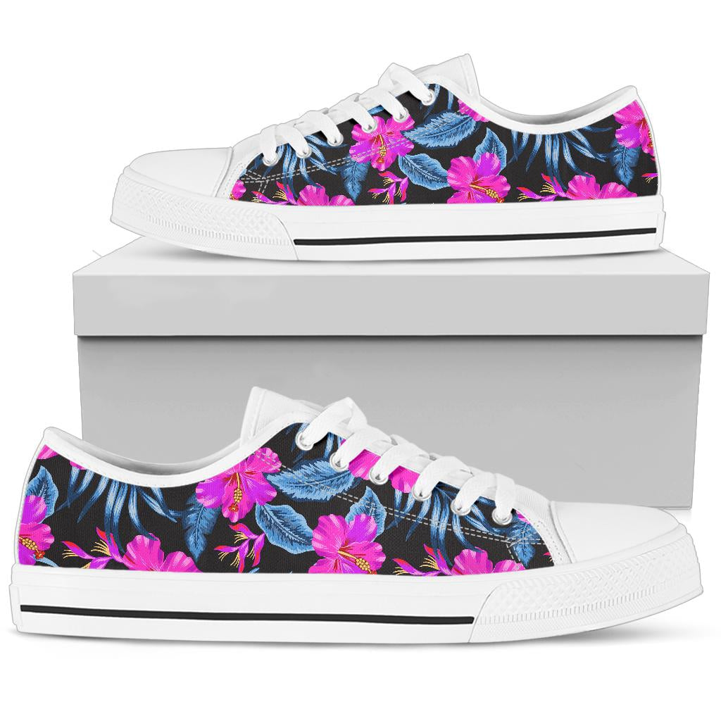 Neon Pink Hibiscus Pattern Print Design HB015 White Bottom Low Top Shoes