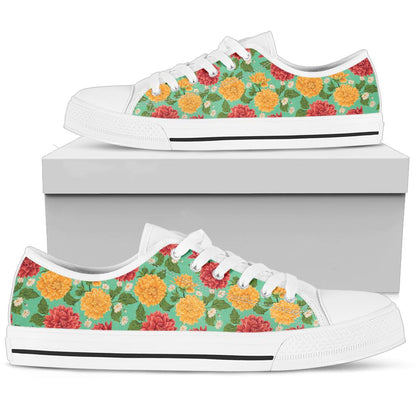 Dahlia Pattern Print Design DH011 White Bottom Low Top Shoes