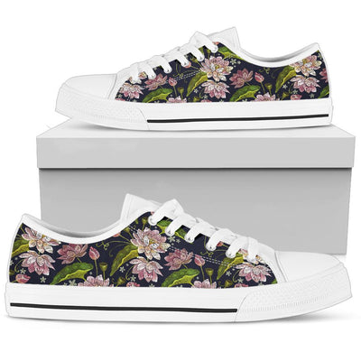 lotus Embroidered Pattern Print Design LO06 White Bottom Low Top Shoes