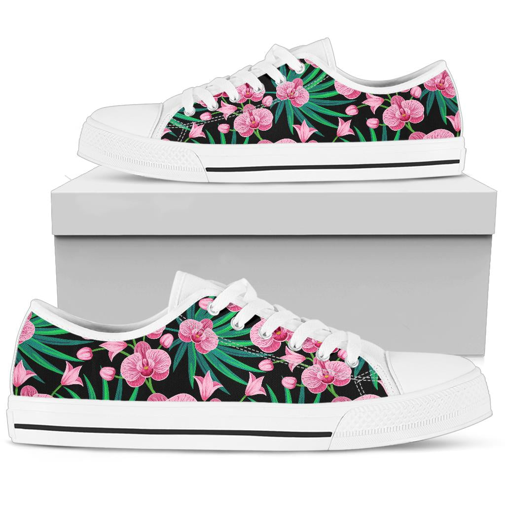Orchid Pink Pattern Print Design OR06 White Bottom Low Top Shoes