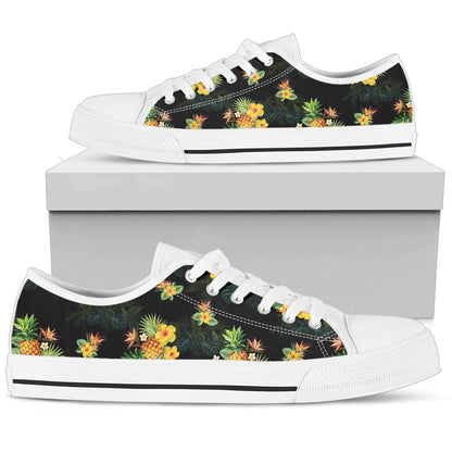 Pineapple Tropical Flower Print Pattern White Bottom Low Top Shoes