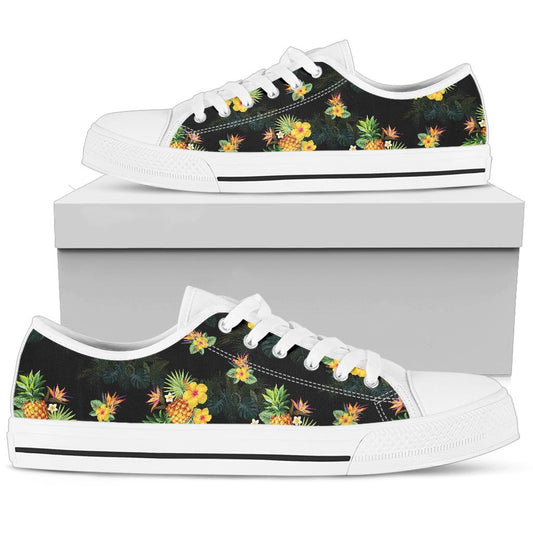 Pineapple Tropical Flower Print Pattern White Bottom Low Top Shoes