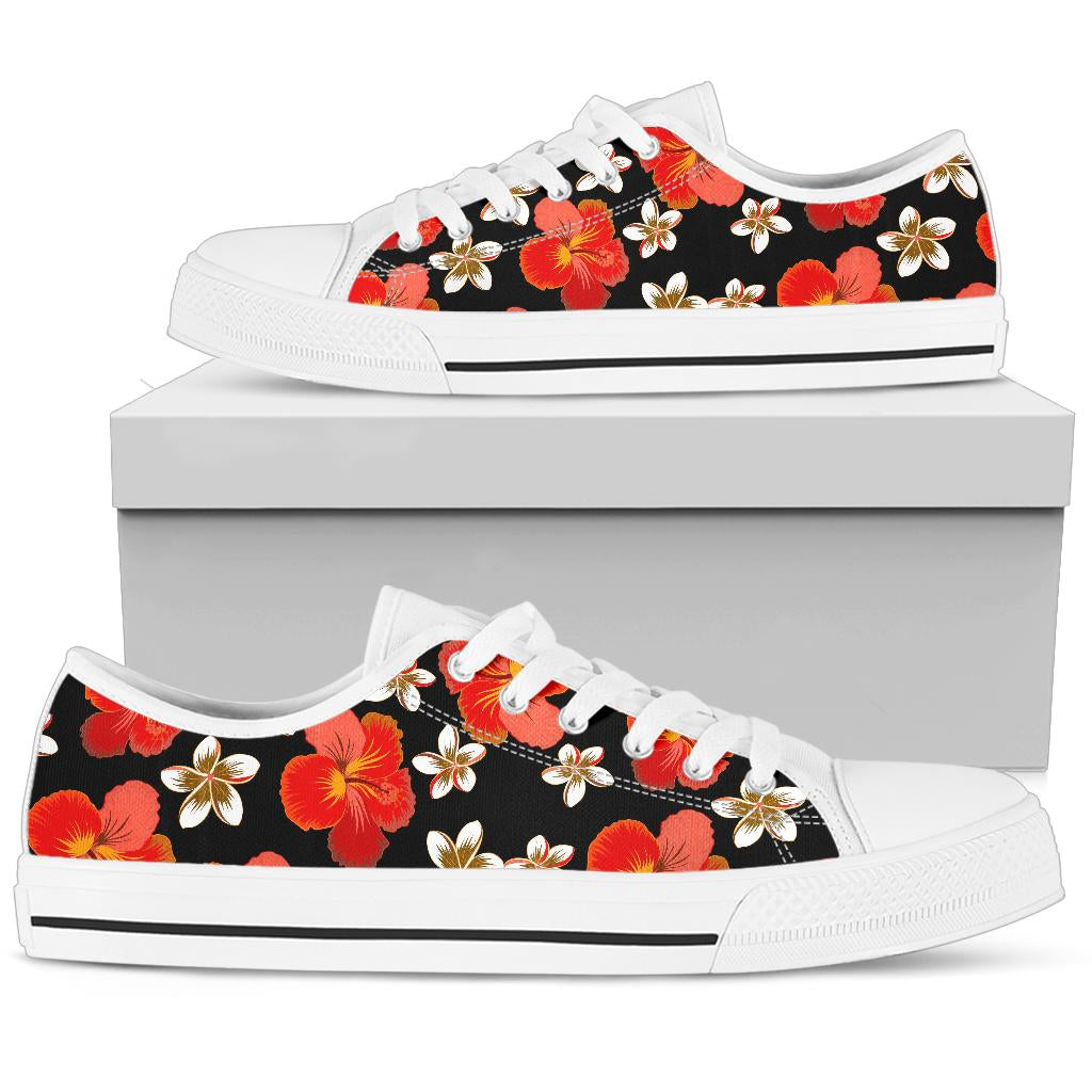 Red Hibiscus Pattern Print Design HB022 White Bottom Low Top Shoes