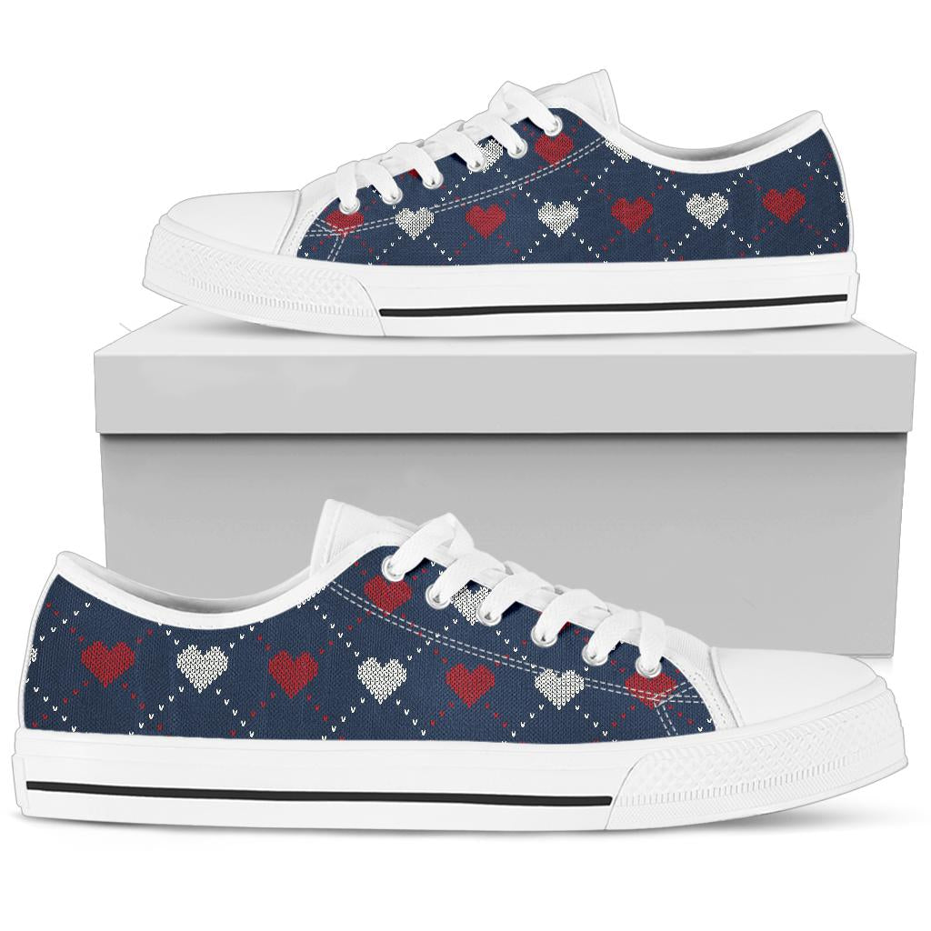 Heart Knit Pattern Print Design HE05 White Bottom Low Top Shoes