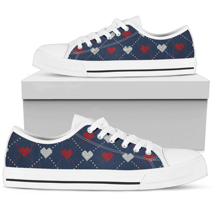 Heart Knit Pattern Print Design HE05 White Bottom Low Top Shoes