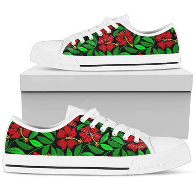 Red Hibiscus Embroidered Pattern Print Design HB032 White Bottom Low Top Shoes