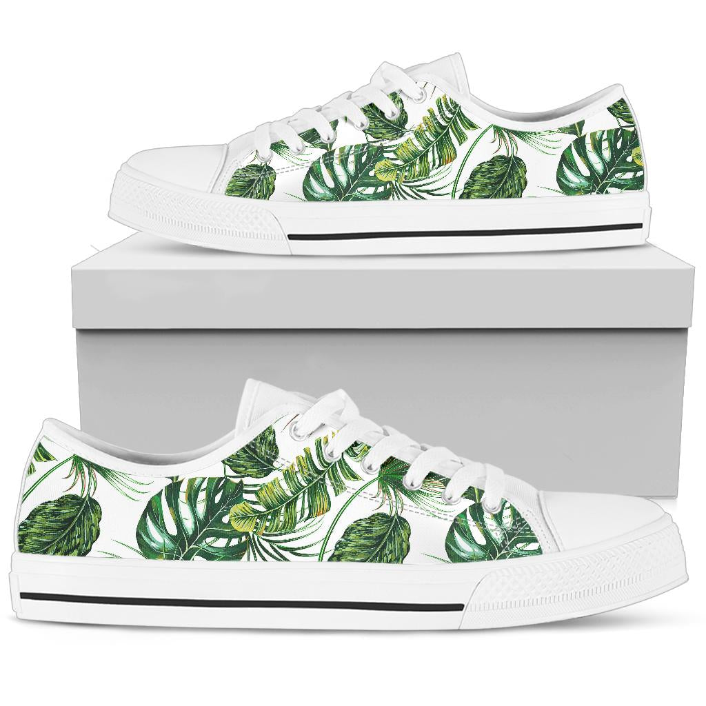 Green Pattern Tropical Palm Leaves White Bottom Low Top Shoes