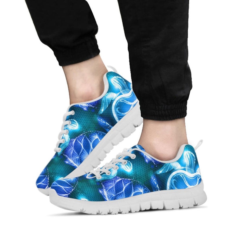 Blue Neon Sea Turtle Print Sneakers White Bottom Shoes