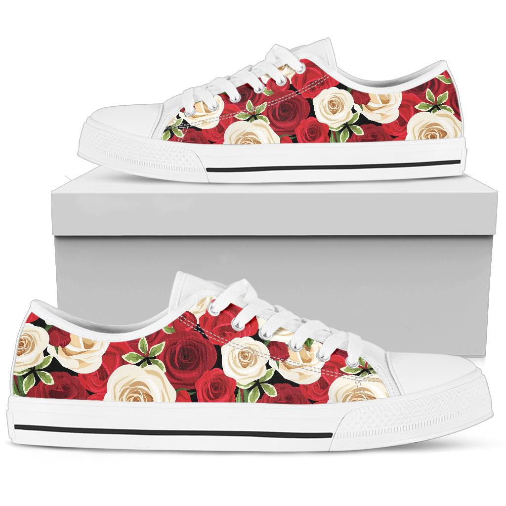 Rose Pattern Print Design RO06 White Bottom Low Top Shoes