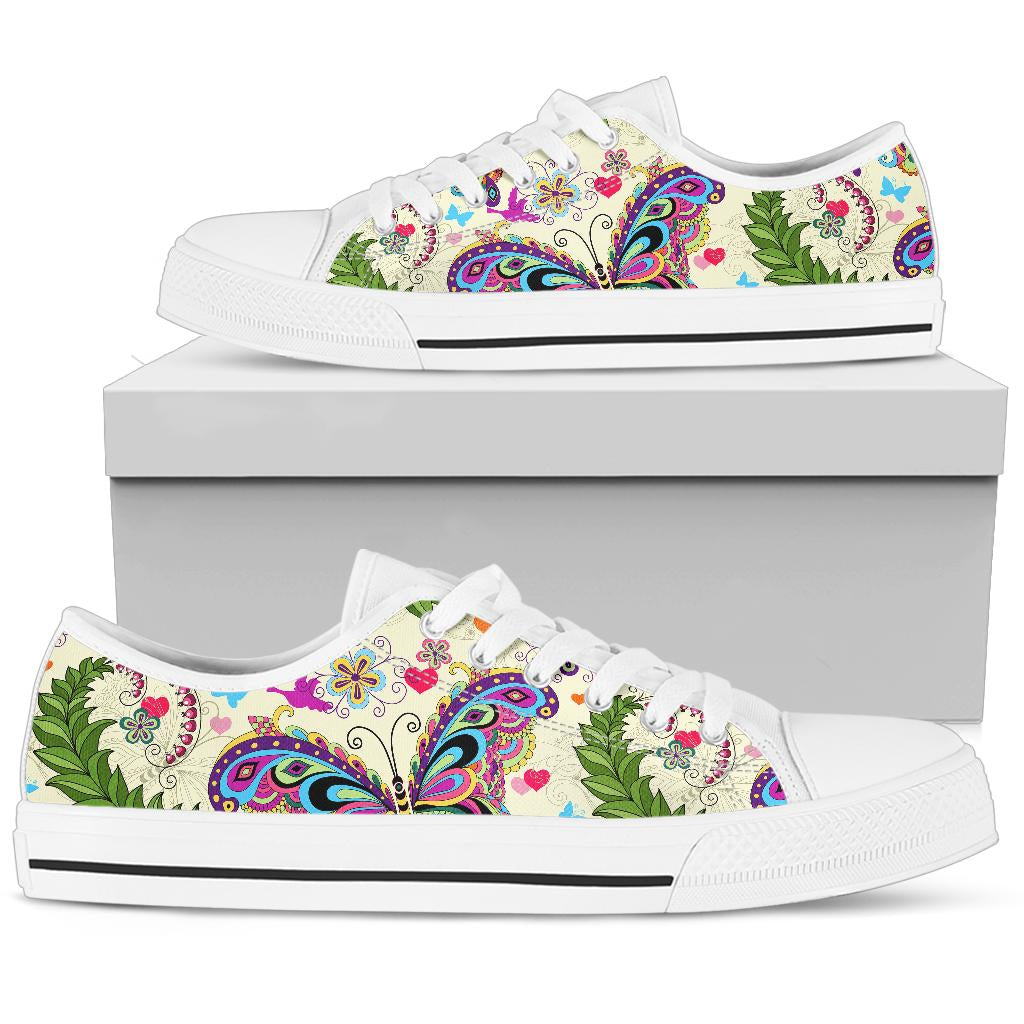 Butterfly Colorful Indian Style White Bottom Low Top Shoes