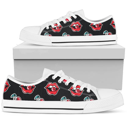 Cherry Pattern Print Design CH04 White Bottom Low Top Shoes