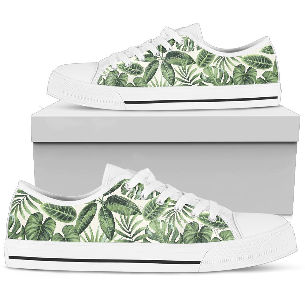 Palm Leaves Pattern Print Design PL014 White Bottom Low Top Shoes