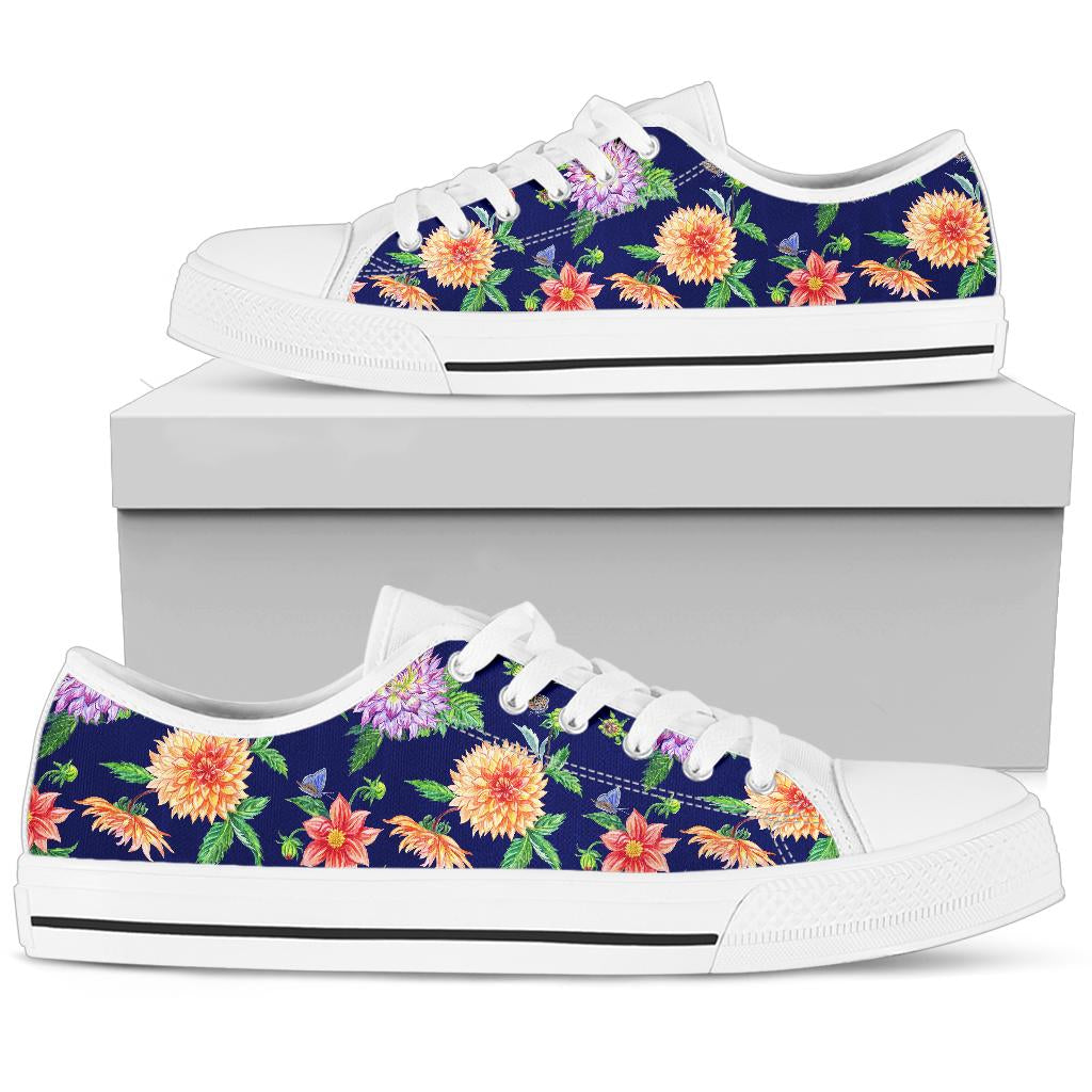 Dahlia Pattern Print Design DH010 White Bottom Low Top Shoes