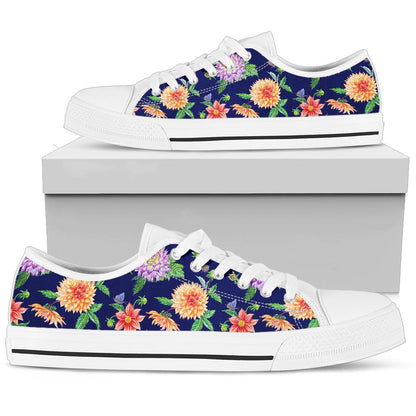 Dahlia Pattern Print Design DH010 White Bottom Low Top Shoes