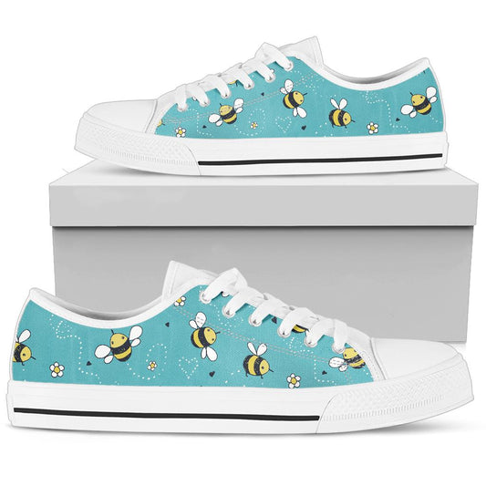 Bee Pattern Print Design BEE02 White Bottom Low Top Shoes