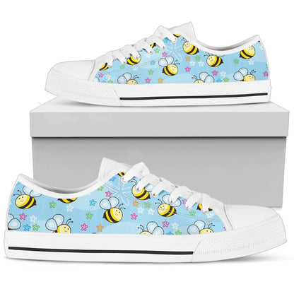 Bee Pattern Print Design BEE03 White Bottom Low Top Shoes