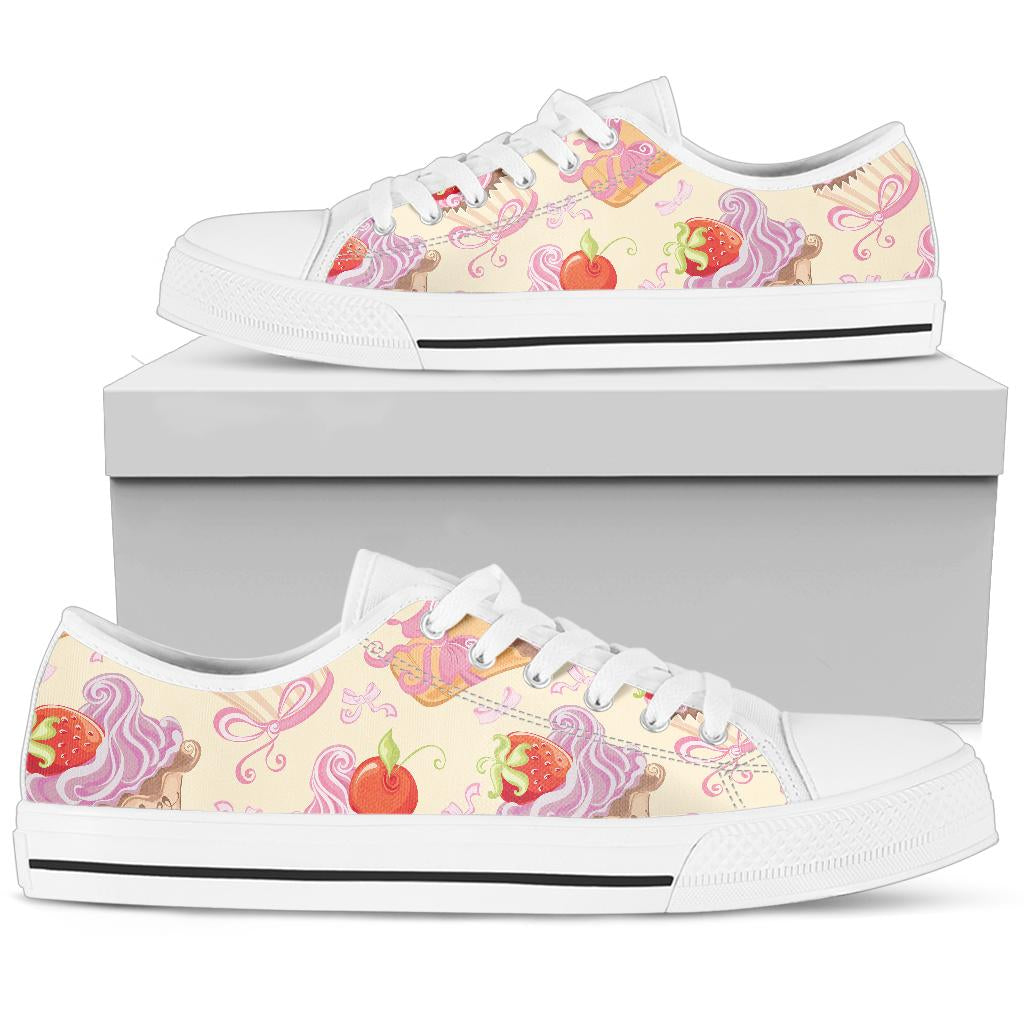 Strawberry Pink CupCake White Bottom Low Top Shoes