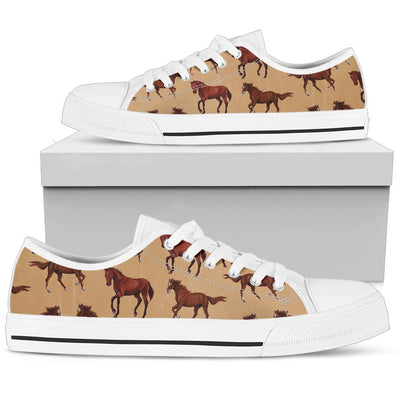 Brown Horse Print Pattern White Bottom Low Top Shoes