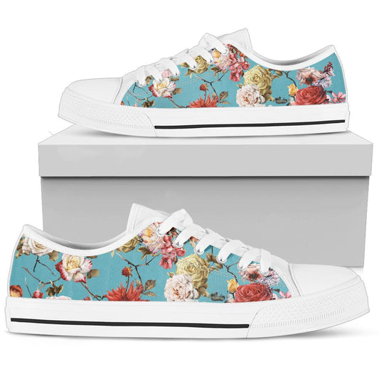 Summer Floral Pattern Print Design SF05 White Bottom Low Top Shoes