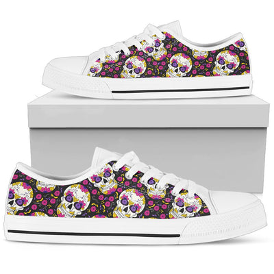 sugar skull Floral Pattern White Bottom Low Top Shoes