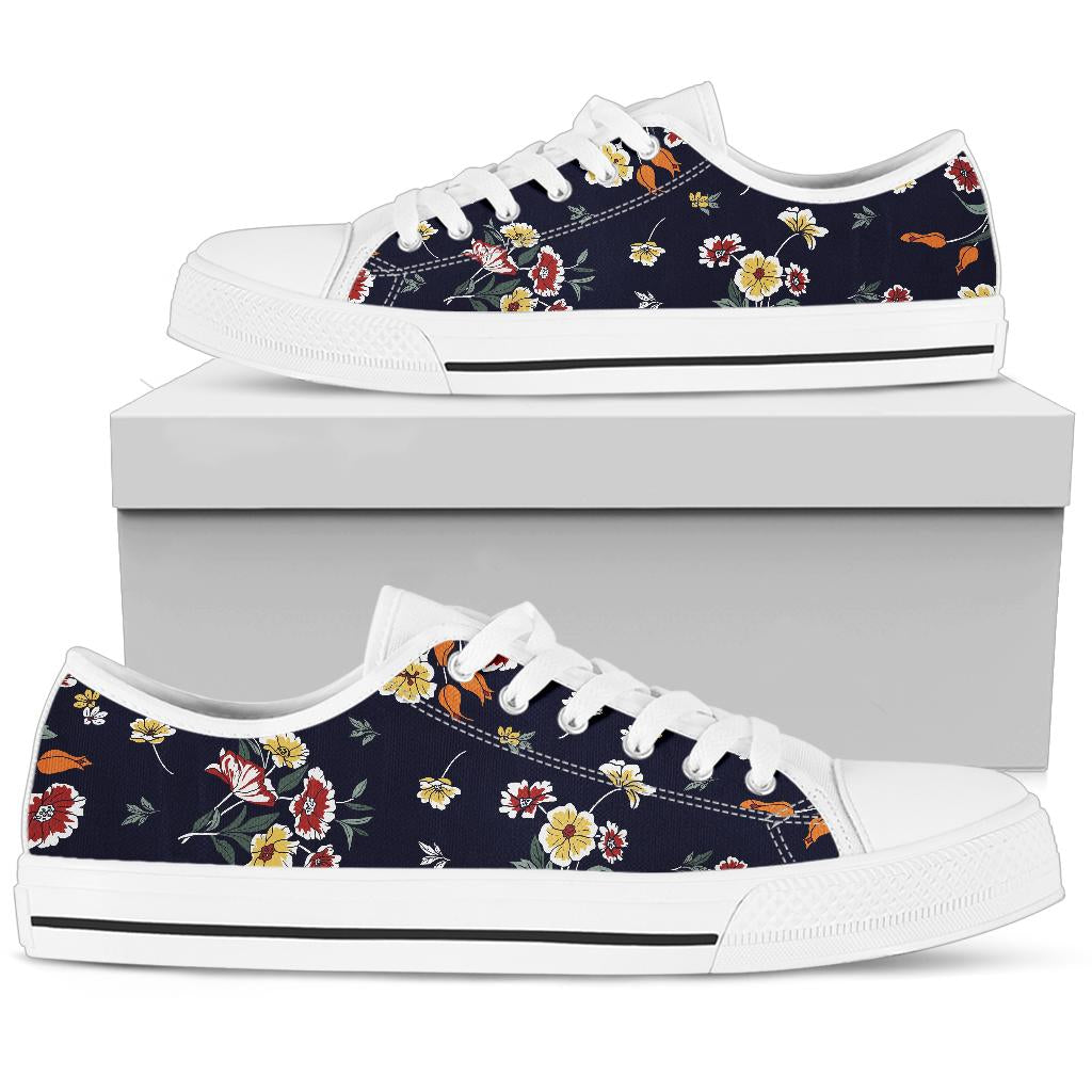 Summer Floral Pattern Print Design SF01 White Bottom Low Top Shoes