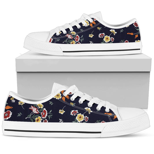Summer Floral Pattern Print Design SF01 White Bottom Low Top Shoes