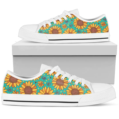 Sunflower Pattern Print Design SF013 White Bottom Low Top Shoes