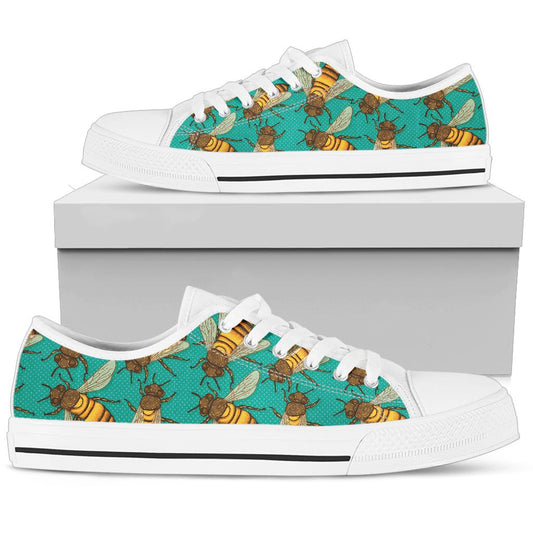 Bee Pattern Print Design BEE04 White Bottom Low Top Shoes