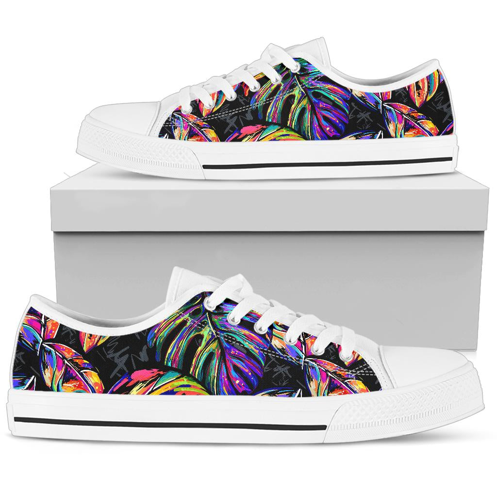 Neon Color Tropical Palm Leaves White Bottom Low Top Shoes