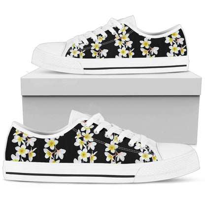 White Plumeria Pattern Print Design PM08 White Bottom Low Top Shoes