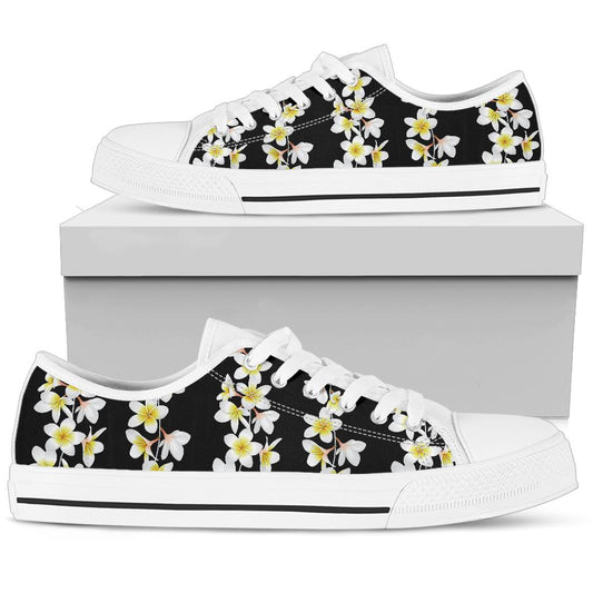 White Plumeria Pattern Print Design PM08 White Bottom Low Top Shoes