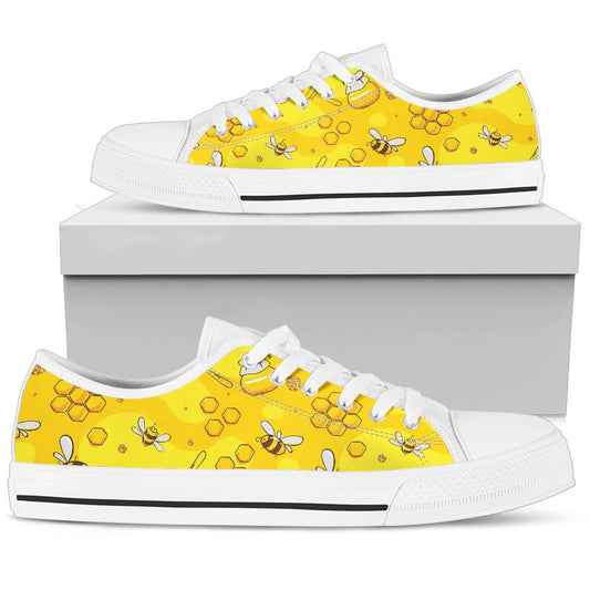 Bee Pattern Print Design BEE01 White Bottom Low Top Shoes