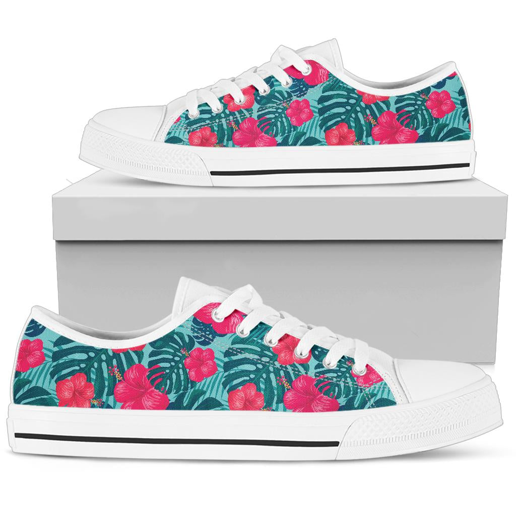 Red Hibiscus Pattern Print Design HB017 White Bottom Low Top Shoes