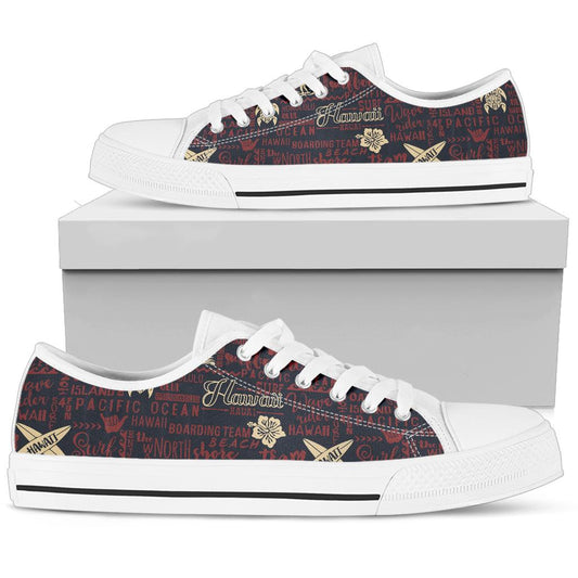 Hawaiian Themed Pattern Print Design H017 White Bottom Low Top Shoes