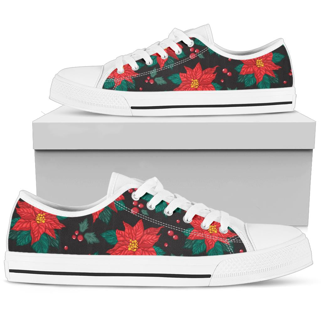 Poinsettia Pattern Print Design POT07 White Bottom Low Top Shoes