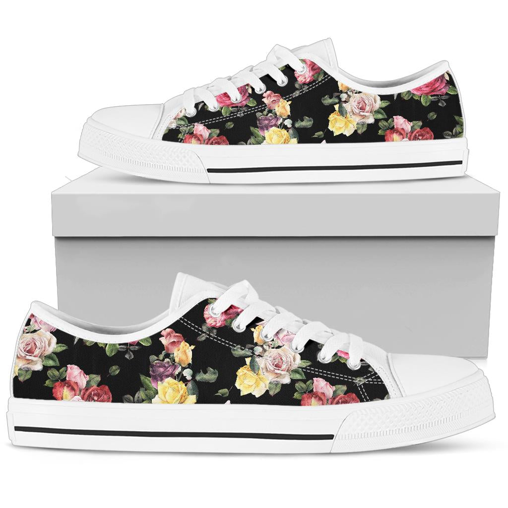 Rose Pattern Print Design RO010 White Bottom Low Top Shoes
