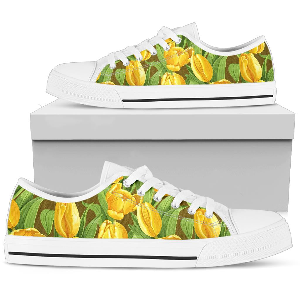 Tulip Yellow Pattern Print Design TP010 White Bottom Low Top Shoes
