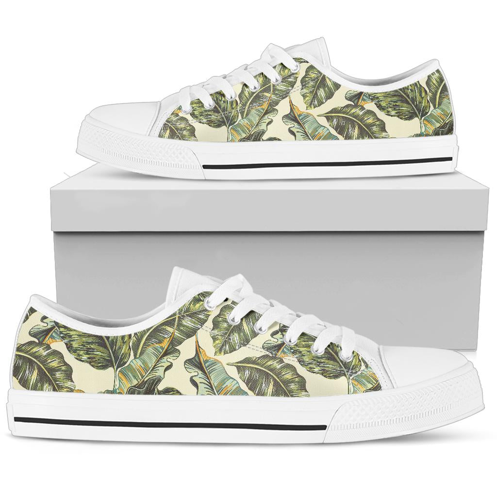 Banana Leaf Pattern Print Design BL08 White Bottom Low Top Shoes