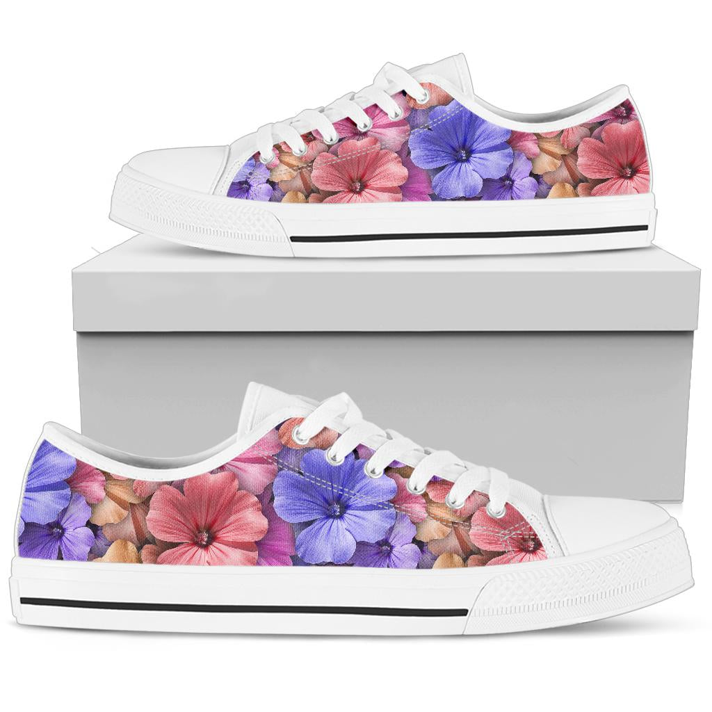 Colorful Geranium Pattern White Bottom Low Top Shoes
