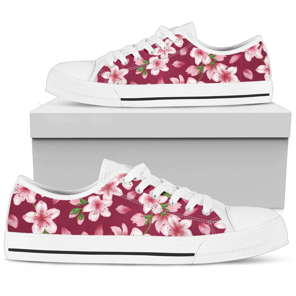 Cherry Blossom Pattern Print Design CB06 White Bottom Low Top Shoes