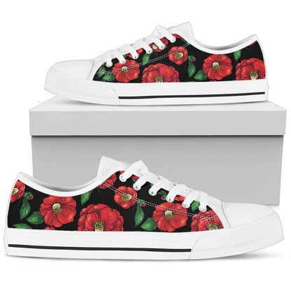 Camellia Pattern Print Design CM07 White Bottom Low Top Shoes