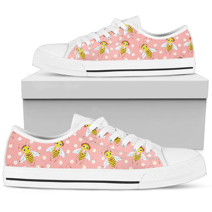 Bee Pattern Print Design BEE07 White Bottom Low Top Shoes