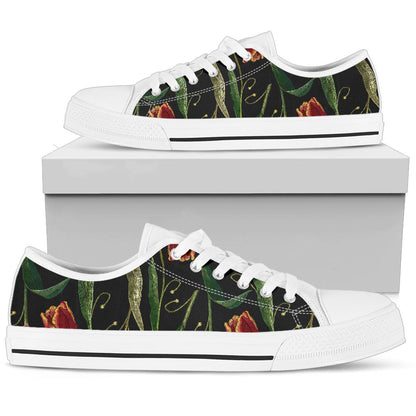 Tulip Embroidered Pattern Print Design TP01 White Bottom Low Top Shoes