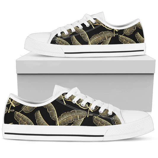Banana Leaf Pattern Print Design BL07 White Bottom Low Top Shoes