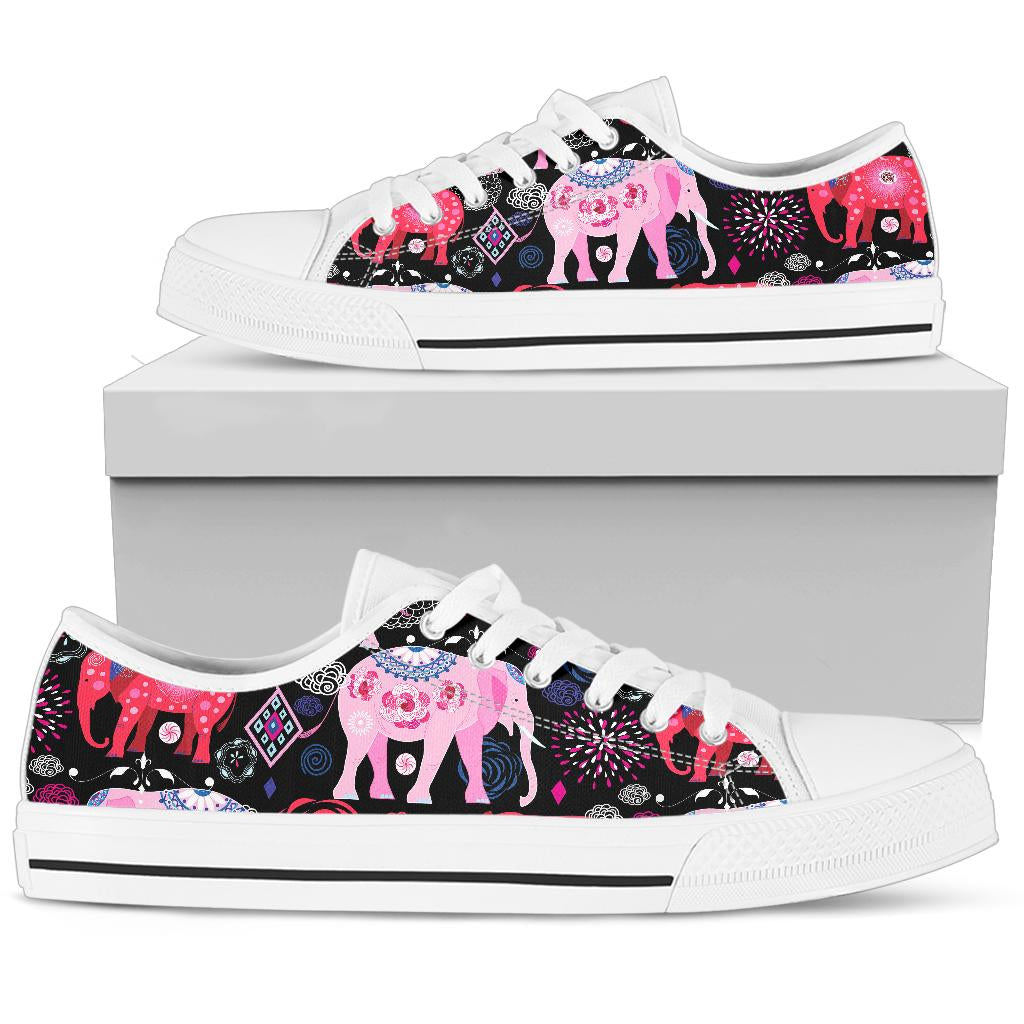 Pink Elephant Pattern White Bottom Low Top Shoes