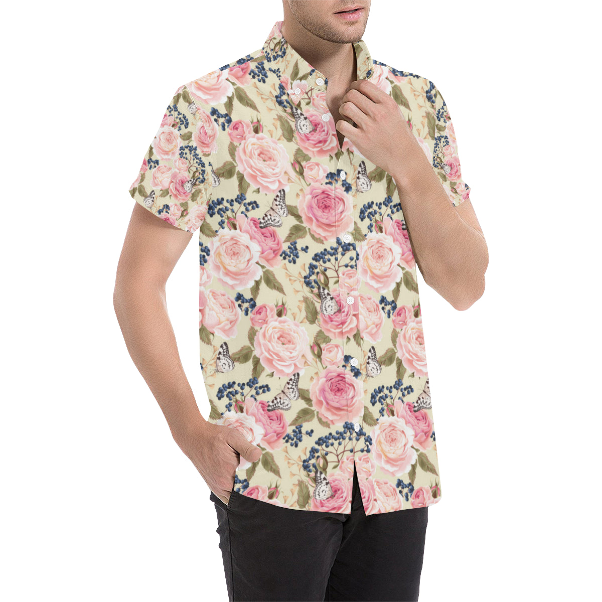 Floral Pink Butterfly Print Men's Short Sleeve Button Up Shirt